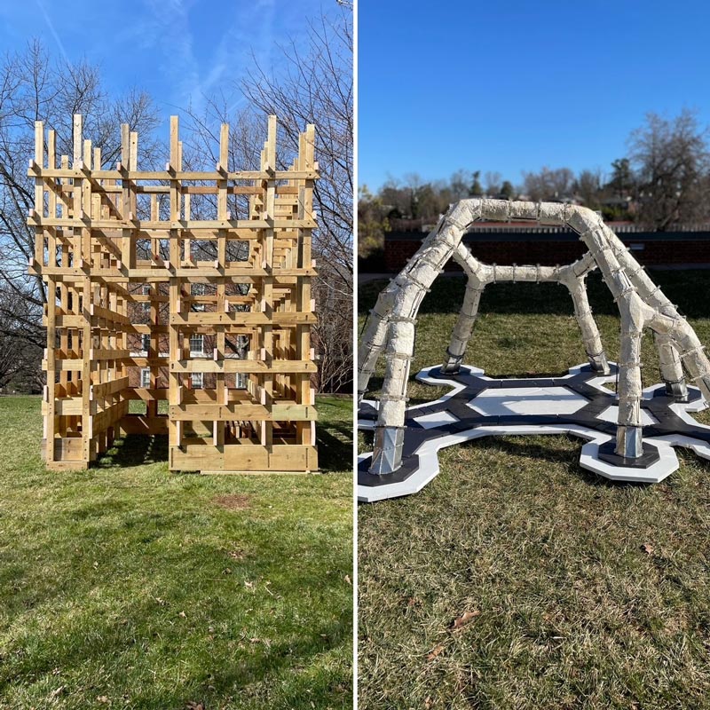 Left: A wood structure designed by Somewhere Studio, operated by Jessica Colangelo and Charles Sharpless, both from the University of Arkansas. Right: a structure made from mycelium blocks.